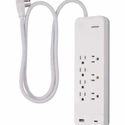 GE 7-Outlet 2-USB 4ft. Surge Protector with USB-C and Braided Cord, White