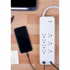 GE 7-Outlet 2-USB 4ft. Surge Protector with USB-C and Braided Cord, White