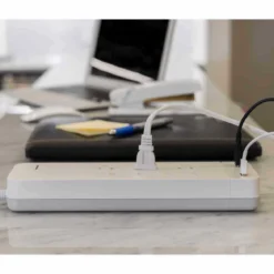GE 7-Outlet 2-USB 4ft. Surge Protector with USB-C and Braided Cord, White