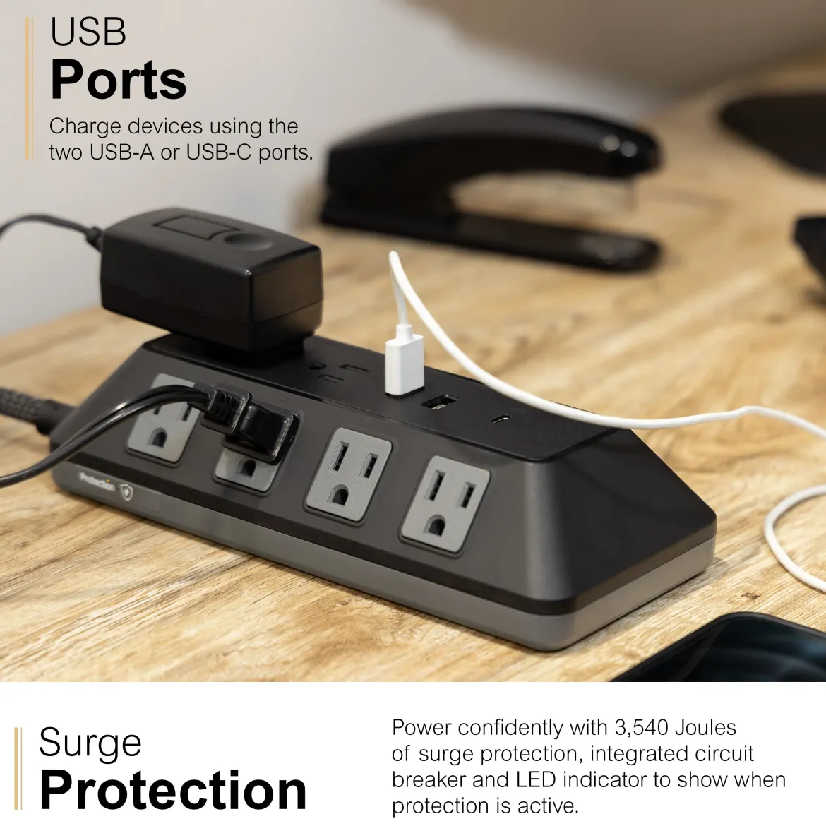 GE 10-Outlet 3-USB 4ft. Surge Protector with Adapter-Spaced Outlets, Black