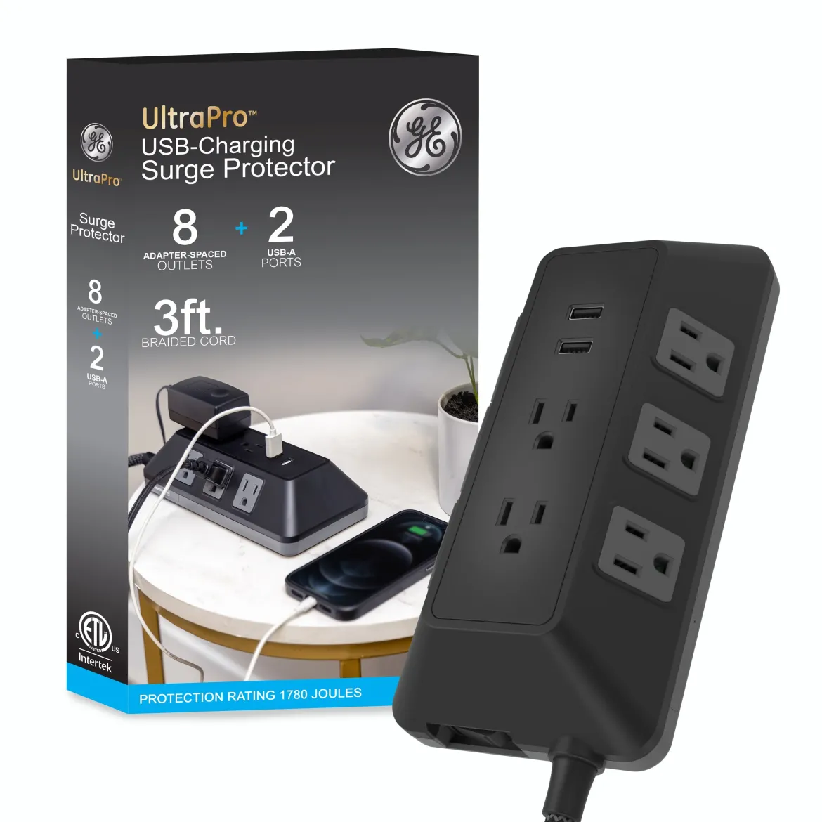 GE 8-Outlet 2-USB 3ft. Surge Protector with Adapter-Spaced Outlets, Black