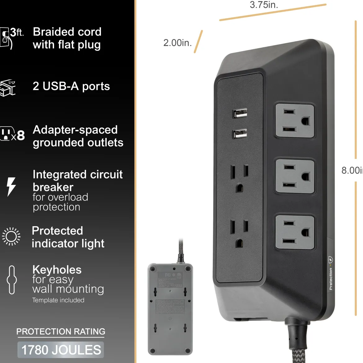 GE 8-Outlet 2-USB 3ft. Surge Protector with Adapter-Spaced Outlets, Black