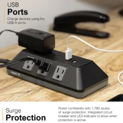 GE 8-Outlet 2-USB 3ft. Surge Protector with Adapter-Spaced Outlets, Black