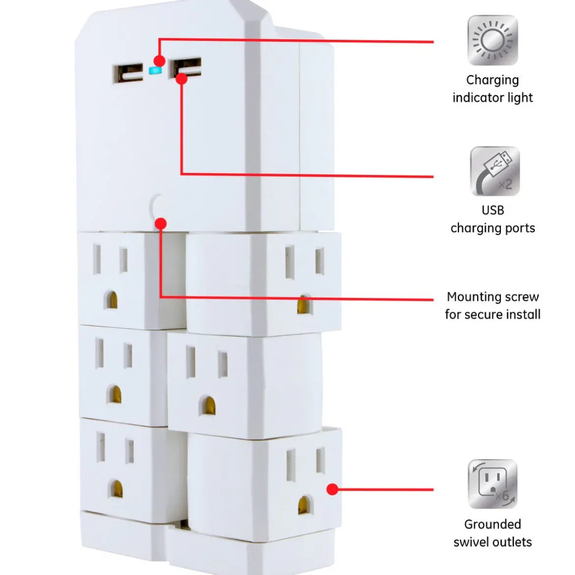 GE 6-Outlet 2-USB Wall Tap with Surge Protection and Swivel Outlets, White