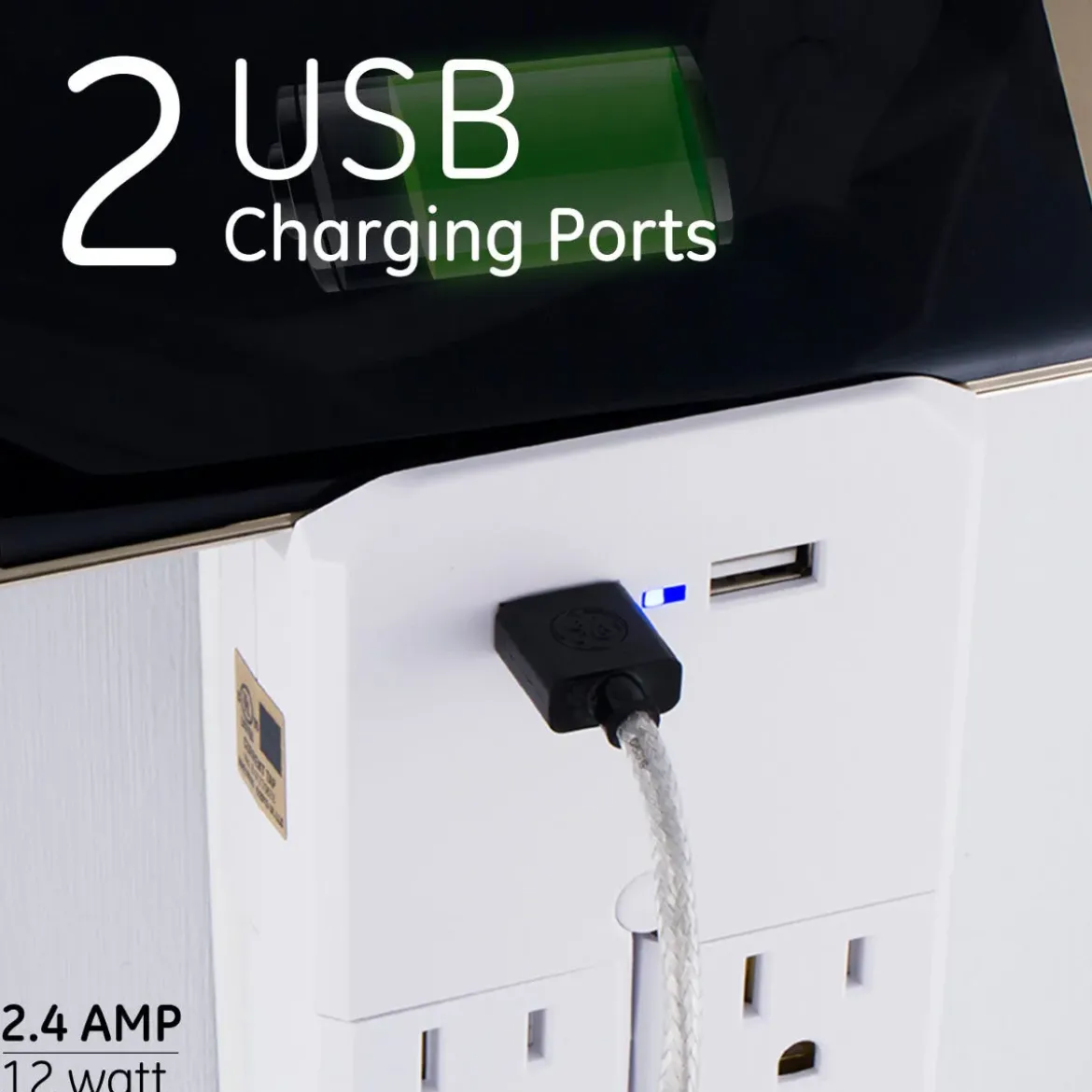 GE 6-Outlet 2-USB Wall Tap with Surge Protection and Swivel Outlets, White
