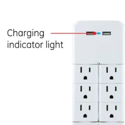 GE 6-Outlet 2-USB Wall Tap with Surge Protection and Swivel Outlets, White
