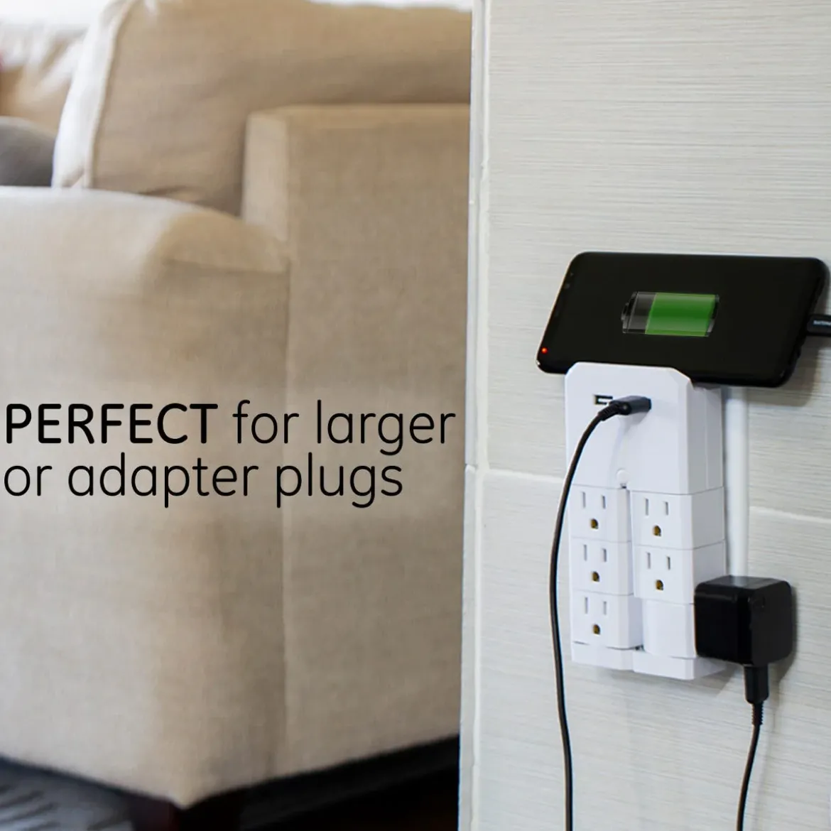 GE 6-Outlet 2-USB Wall Tap with Surge Protection and Swivel Outlets, White