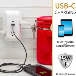GE 5-Outlet 2-USB Wall Tap with Surge Protection and USB-C, White