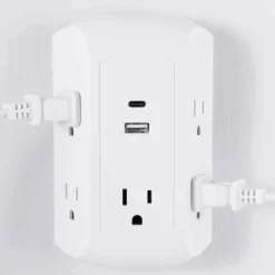 GE 5-Outlet 2-USB Wall Tap with Surge Protection and USB-C, White