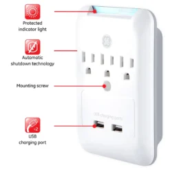 GE 3-Outlet 2-USB Wall Tap with Surge Protection, White