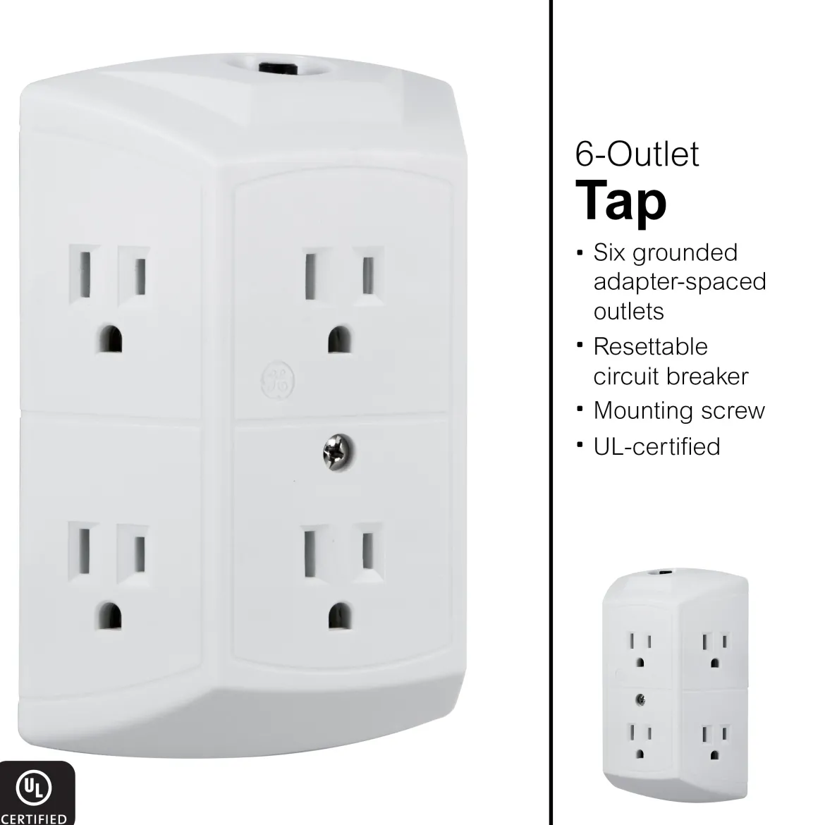 GE 6-Outlet Wall Tap with Resettable Circuit Breaker, White