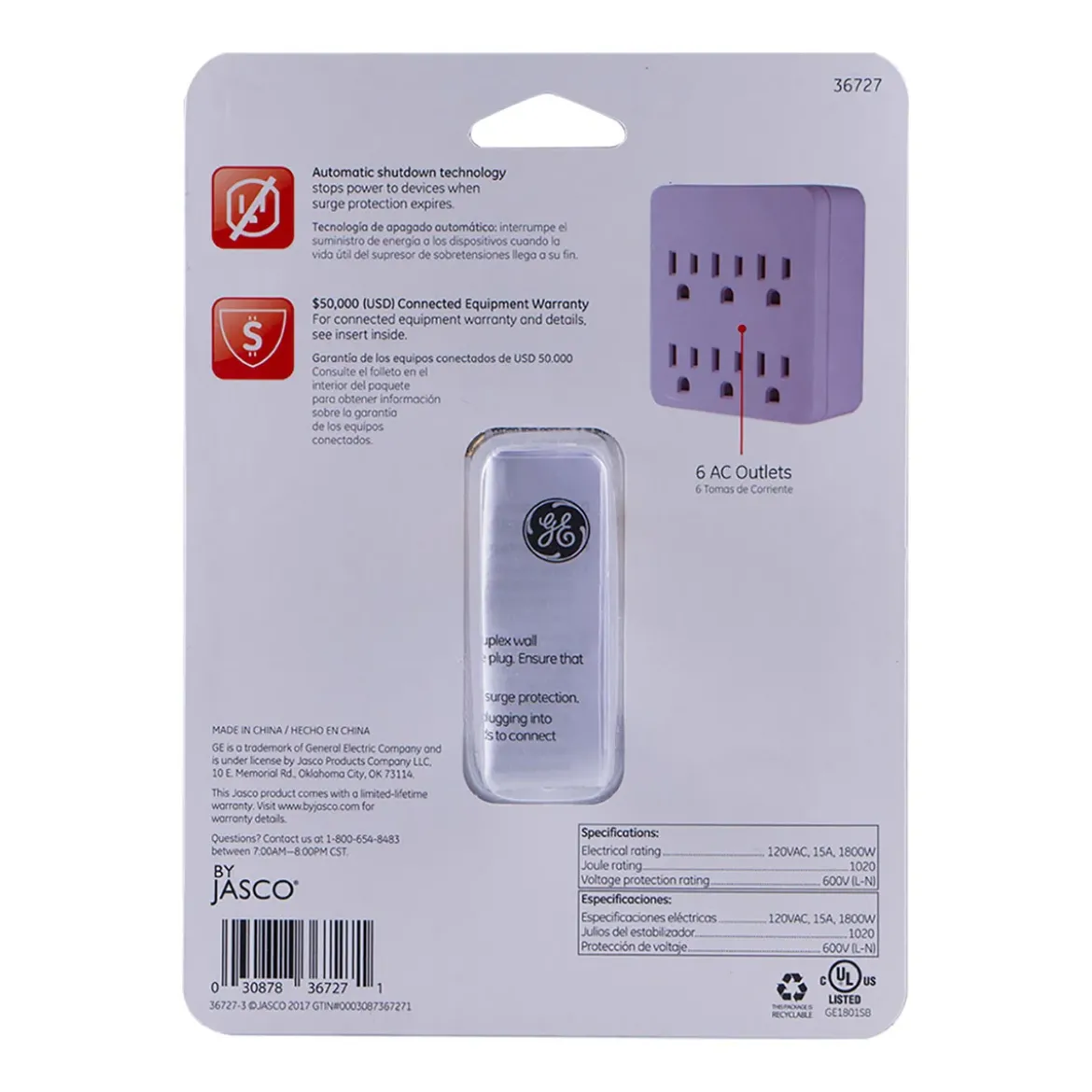 GE 6-Outlet Wall Tap with Surge Protection, White