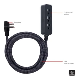 GE Pro Extension Cord with Surge Protection, 15ft., 3-Outlet Surge Black/Gray