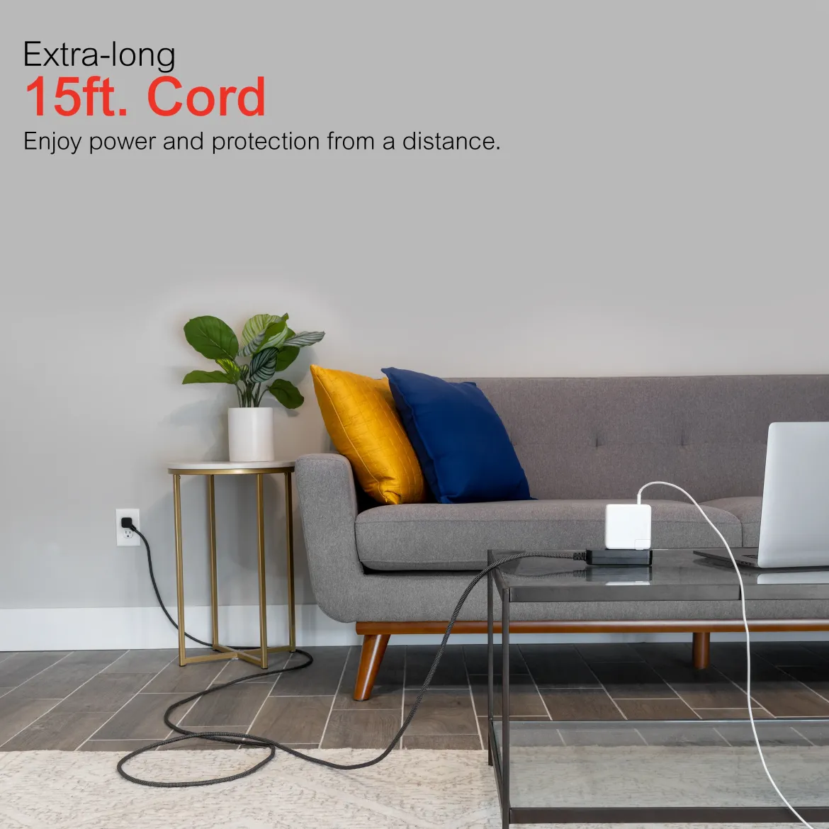 GE Pro Extension Cord with Surge Protection, 15ft., 3-Outlet Surge Black/Gray