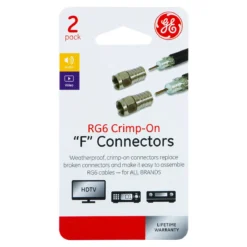 GE RG6 Crimp-On F-Type Connectors, Silver, 2 Pack
