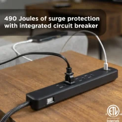 GE Surge Protector Power Strip, 4 Outlets, 1 USB-C & 1 USB-A Port (12W), 490J Protection, 3FT Braided Extension Cord, Flat Plug, Black
