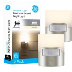 GE UltraBrite Motion Activated LED Night Light, Silver, 2 Pack