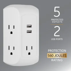 GE UltraPro 5-AC, 2-USB Side-Access Surge Protector, 560J, White