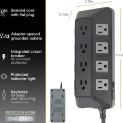 GE UltraPro ADAPT 12-Outlet Surge Protector, 3540J, 6ft. Braided Cord, Black