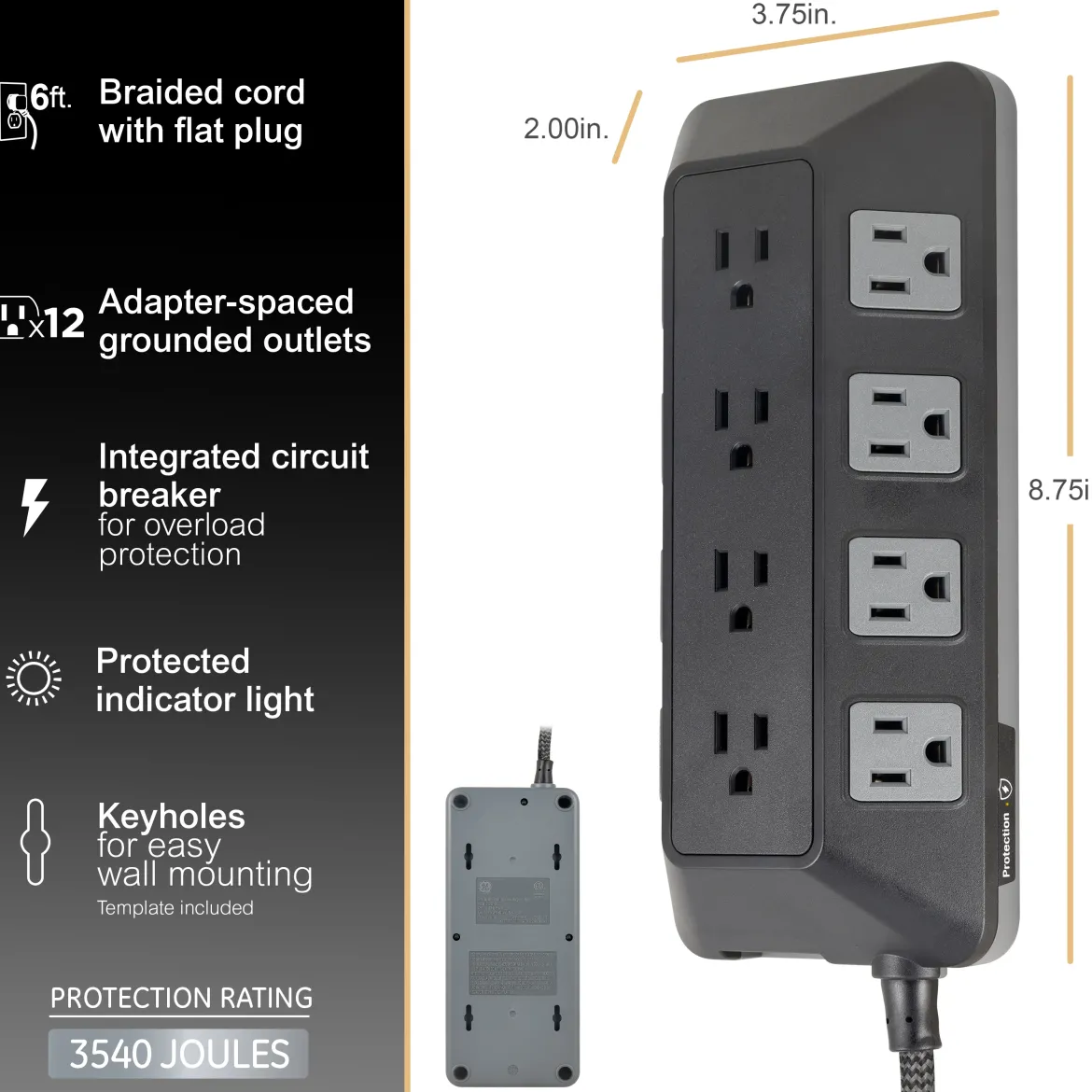GE UltraPro ADAPT 12-Outlet Surge Protector, 3540J, 6ft. Braided Cord, Black