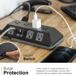 GE UltraPro ADAPT 12-Outlet Surge Protector, 3540J, 6ft. Braided Cord, Black