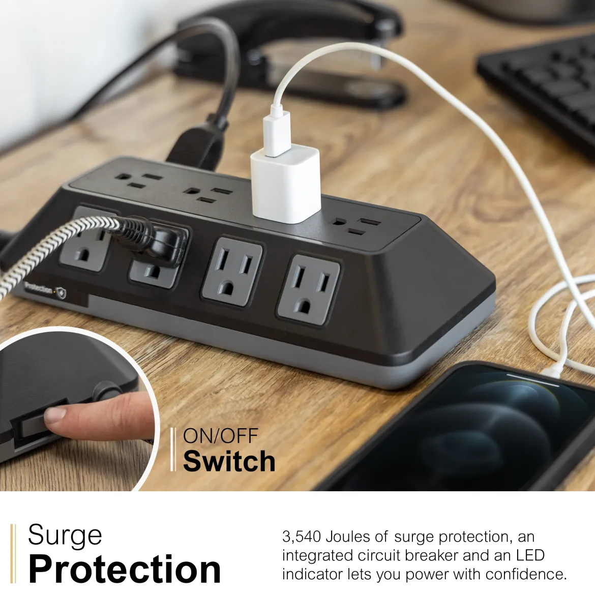 GE UltraPro ADAPT 12-Outlet Surge Protector, 3540J, 6ft. Braided Cord, Black