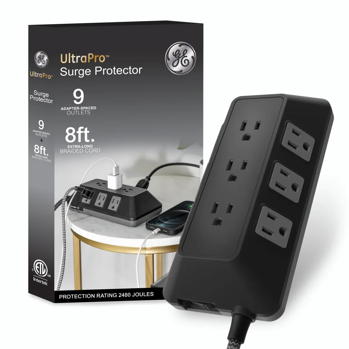 GE UltraPro ADAPT 9-Outlet Surge Protector, 2480J, 8ft. Braided Cord, Black