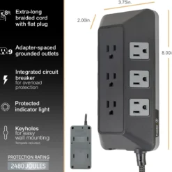 GE UltraPro ADAPT 9-Outlet Surge Protector, 2480J, 8ft. Braided Cord, Black