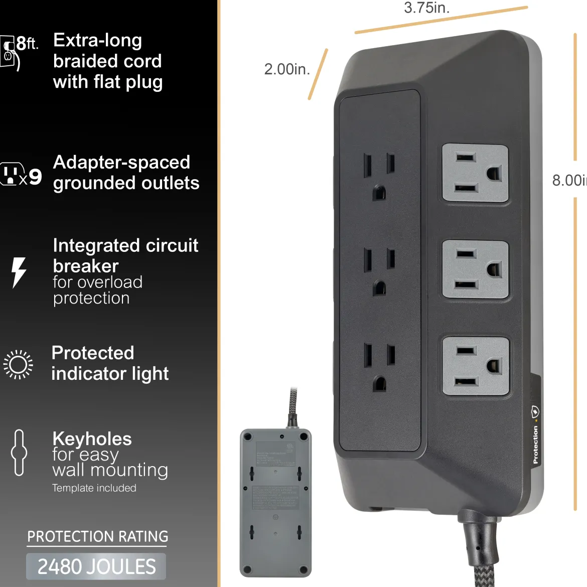 GE UltraPro ADAPT 9-Outlet Surge Protector, 2480J, 8ft. Braided Cord, Black
