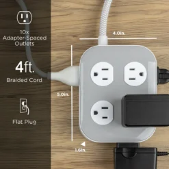GE UltraPro 10-Outlet Surge Protector, 2100 Joules, 4ft Braided Extension Cord, Flat Plug, Gray/White