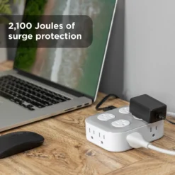 GE UltraPro 10-Outlet Surge Protector, 2100 Joules, 4ft Braided Extension Cord, Flat Plug, Gray/White