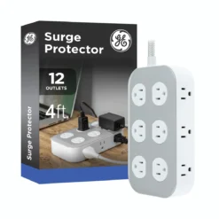 GE UltraPro 12-Outlet Surge Protector, 2100 Joules, 4ft Braided Extension Cord, Flat Plug, Gray/White