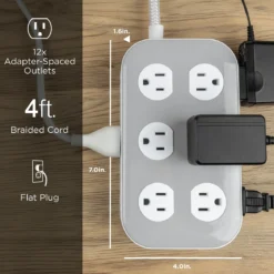 GE UltraPro 12-Outlet Surge Protector, 2100 Joules, 4ft Braided Extension Cord, Flat Plug, Gray/White