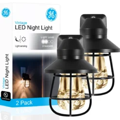 GE Vintage Cage Frame Light Sensing LED Night Light, Black, 2 Pack