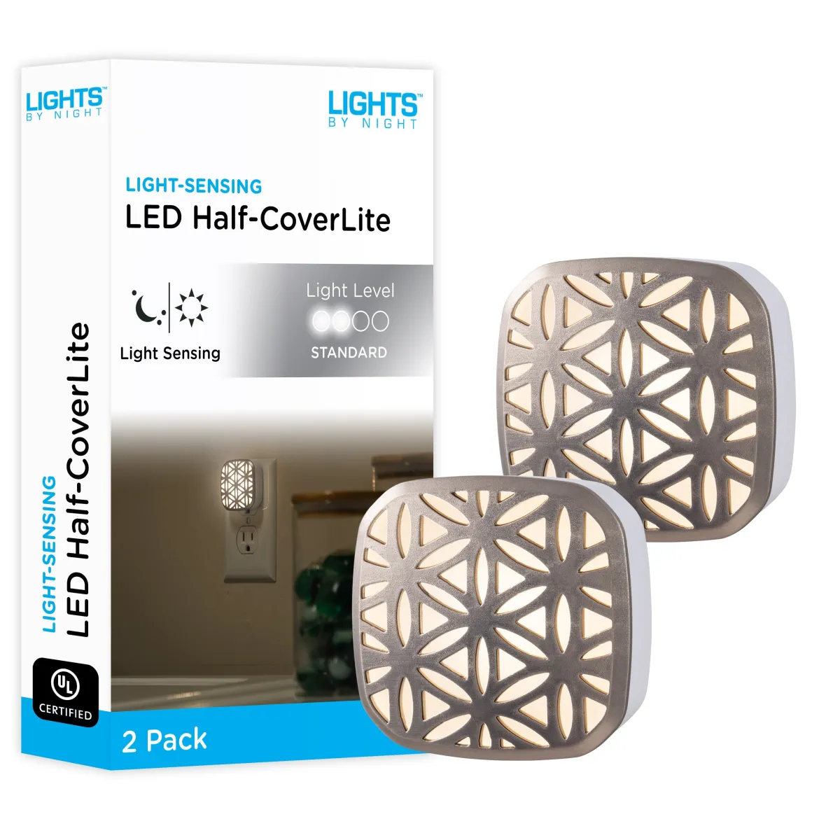 Lights by Night Light Sensing LED Night Light, 2 Pack, Brushed Nickel