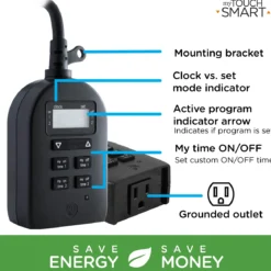 myTouchSmart Simple Set Digital Timer, Outdoor, 1 Grounded Outlet, Black