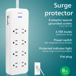 Philips Adapt 8-Outlet Surge Protector, 2160J, Adapter-Spaced, 8ft Braided Cord, White