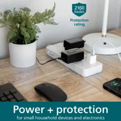 Philips Adapt 8-Outlet Surge Protector, 2160J, Adapter-Spaced, 8ft Braided Cord, White