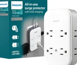 Philips All-in-One 4 Grounded plus 4 Polarized Outlet Surge Tap, 2-USB-C, 1-USB-A, 15W, 1140J, white/gray