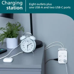 Philips All-in-One 4 Grounded plus 4 Polarized Outlet Surge Tap, 2-USB-C, 1-USB-A, 15W, 1140J, white/gray