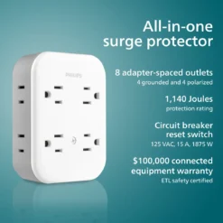 Philips All-in-One 4 Grounded plus 4 Polarized Outlet Surge Tap, 1140J, white/gray