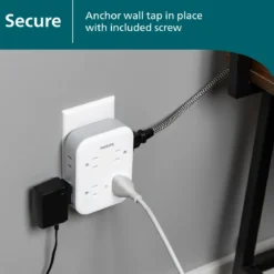 Philips All-in-One 4 Grounded plus 4 Polarized Outlet Surge Tap, 1140J, white/gray