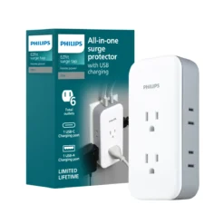 Philips All-in-One Surge Tap with USB, 2 Grounded & 4 Polarized Outlets, 1 USB-C & 1 USB-A Port, 490 Joules, White/Gray
