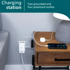 Philips All-in-One Surge Tap with USB, 2 Grounded & 4 Polarized Outlets, 1 USB-C & 1 USB-A Port, 490 Joules, White/Gray
