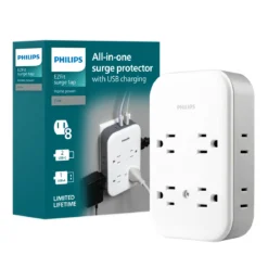 Philips All-in-One Surge Tap with USB, 4 Grounded & 4 Polarized Outlets, 2 USB-C & 1 USB-A Ports, 15W Shared, 1140 Joules, ETL Certified, White/Gray