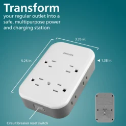 Philips All-in-One Surge Tap with USB, 4 Grounded & 4 Polarized Outlets, 2 USB-C & 1 USB-A Ports, 15W Shared, 1140 Joules, ETL Certified, White/Gray