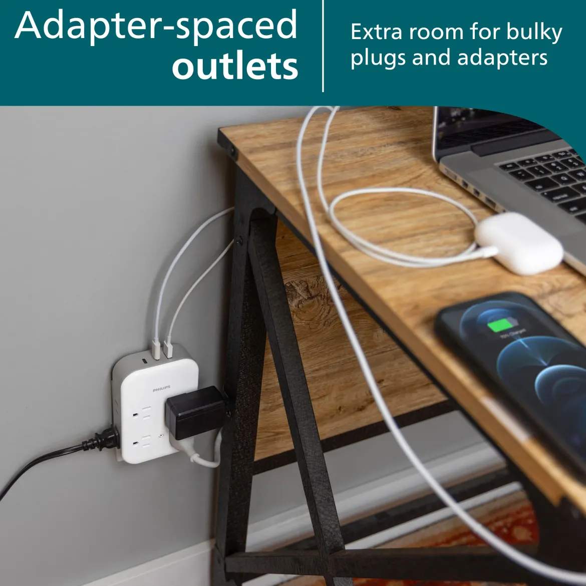 Philips All-in-One Surge Tap with USB, 4 Grounded & 4 Polarized Outlets, 2 USB-C & 1 USB-A Ports, 15W Shared, 1140 Joules, ETL Certified, White/Gray