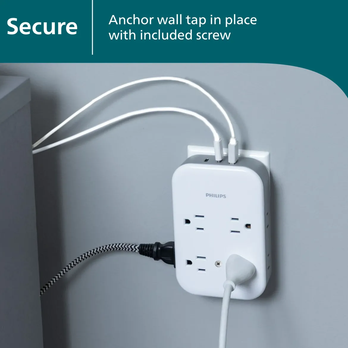 Philips All-in-One Surge Tap with USB, 4 Grounded & 4 Polarized Outlets, 2 USB-C & 1 USB-A Ports, 15W Shared, 1140 Joules, ETL Certified, White/Gray