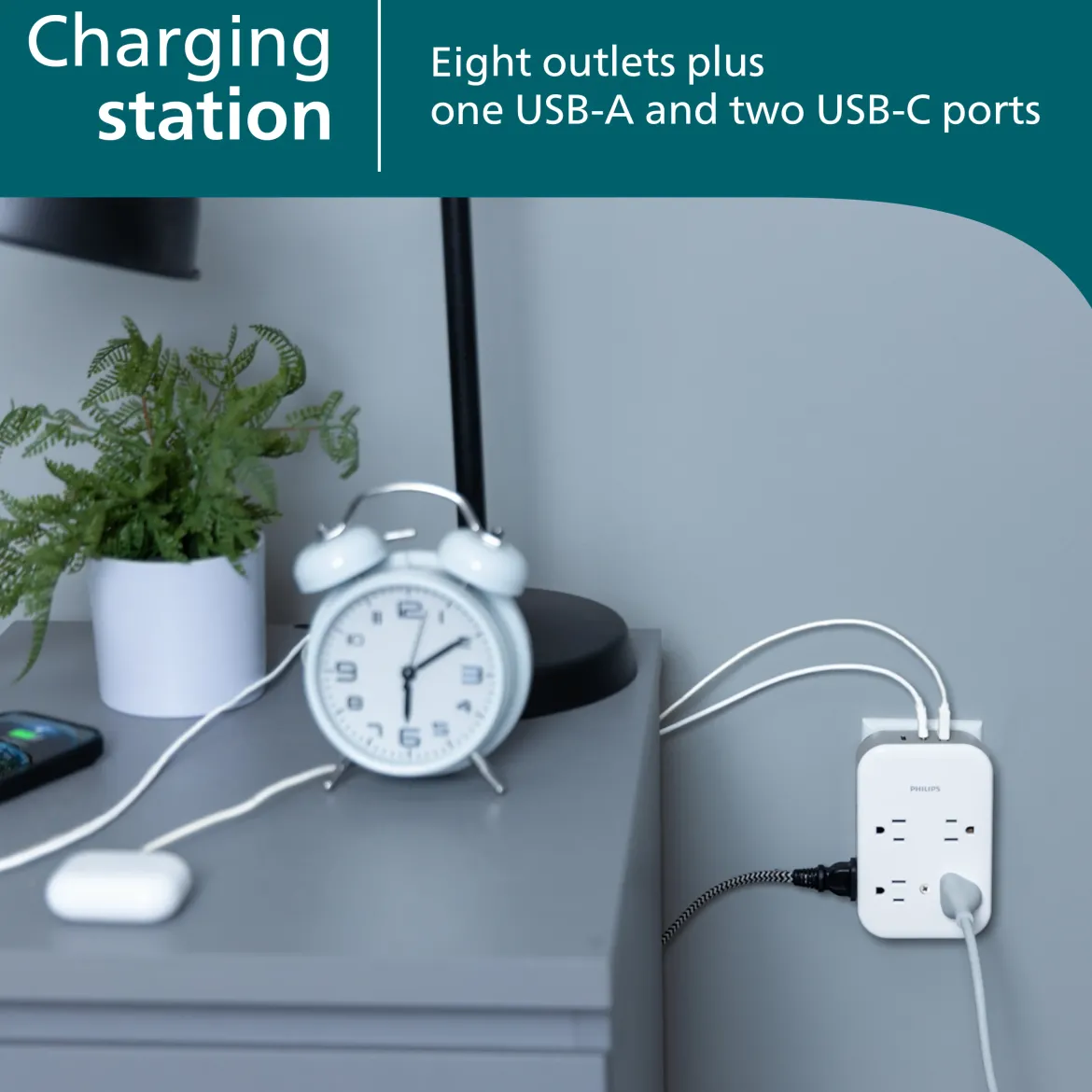 Philips All-in-One Surge Tap with USB, 4 Grounded & 4 Polarized Outlets, 2 USB-C & 1 USB-A Ports, 15W Shared, 1140 Joules, ETL Certified, White/Gray