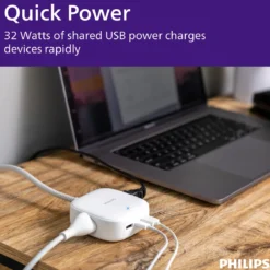 Philips Desktop Charging Hub, 2 outlets, 2 USB-A, 1 USB-C, 5ft. Braided Cord, White